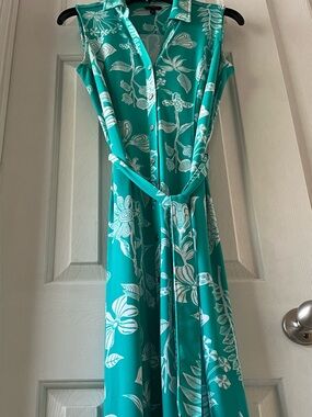 Talbots Teal Dress with White Botanical Print
